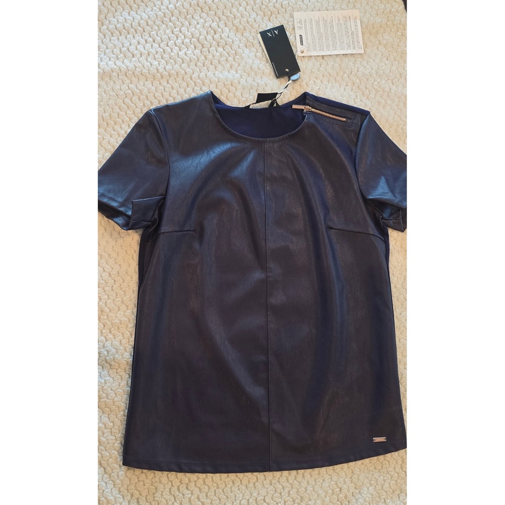 Armani Exchange AX Womens Navy Blue Faux Leather Mixed Media Zipper Top S NWT